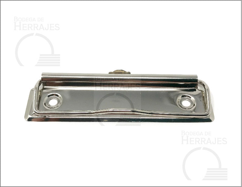 Clip sujetador metálico de 10 cm con alambre plano de presión, ojillo retráctil para colgar, terminado niquelado (plata), ideal para carpetas, tableros y menús. Clip sujetador metálico de 10 cm con alambre plano de presión, ojillo retráctil para colgar, terminado niquelado (plata), ideal para carpetas, tableros y menús.
